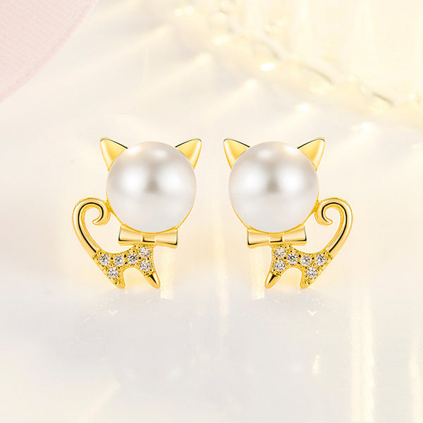 Cute Cat Pearl Stud Earrings