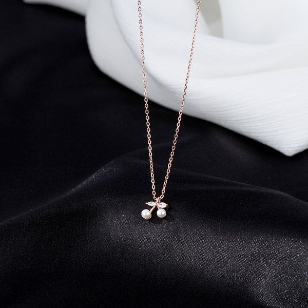 Dainty Pearl Cherry Fruit Charm Necklace