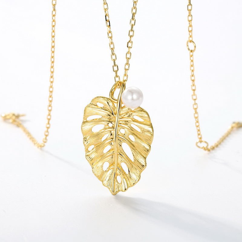 monstera leaf necklace Gold Monstera Leaf Pearl Pendant Necklace