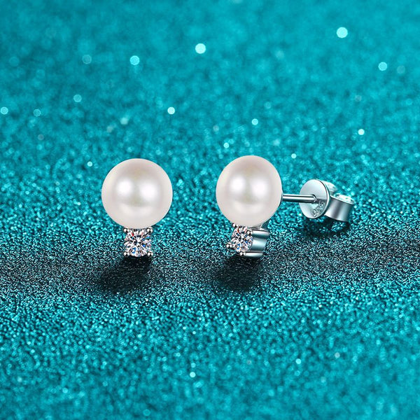 Moissanite Pearl Stud Wedding Earrings
