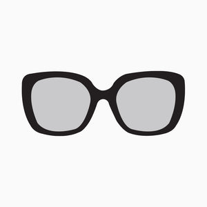 Sunglasses with black frame and clear lenses on a white background
