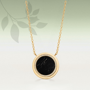 Gold necklace with a black stone pendant on a light green background