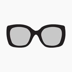 Sunglasses with black frame and reflective lenses on a white background