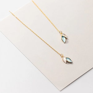 Blue Leaf Dangle Drop Threader Earrings