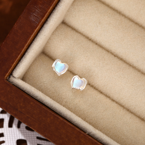 Tiny Blue Moonstone Heart Stud Earrings