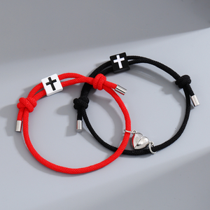 Magnetic Heart Cross Couple Rope Bracelet