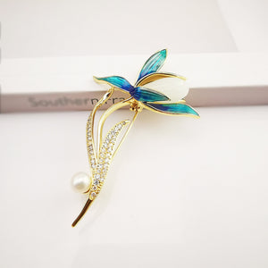 Blue Enamel Pearl Lily Flower Pin Brooch