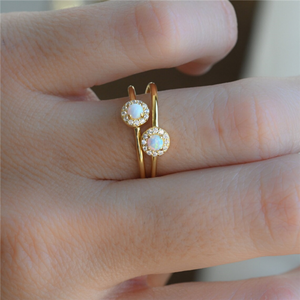 Round Opal Halo Stacking Thin Band Ring