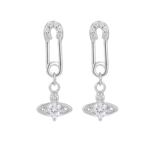 Safety Pin Planet Saturn Dangle Drop Earrings