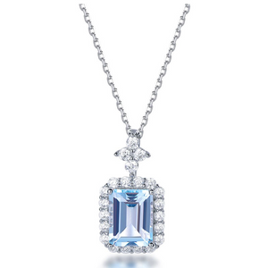 Emerald Cut Blue Topaz Halo Charm Necklace