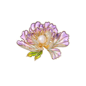 Pearl Enamel Peony Flower Pin Brooch