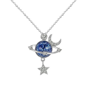 Blue Planet Saturn Moon Star Charm Necklace