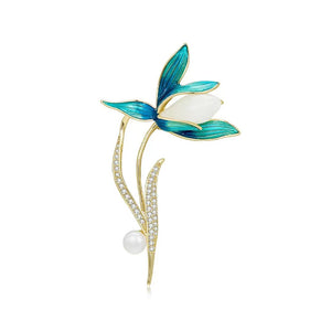 Blue Enamel Pearl Lily Flower Pin Brooch