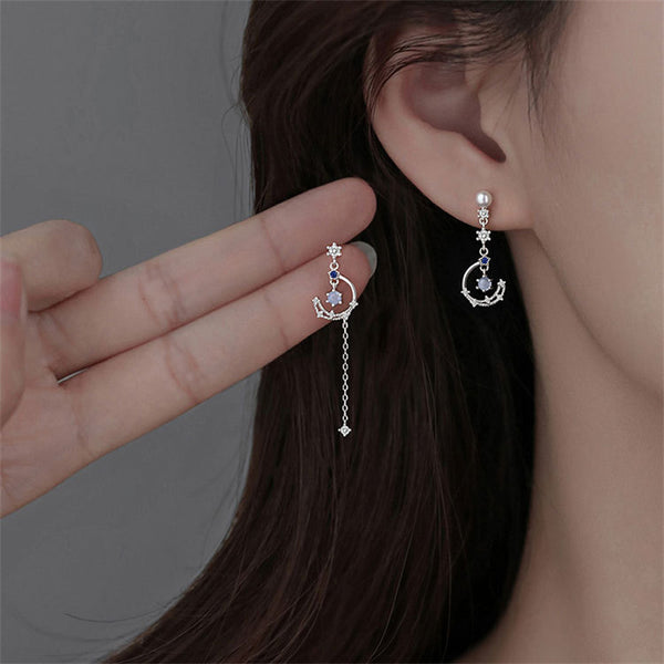 Mismatched Moon Star Tassel Earrings