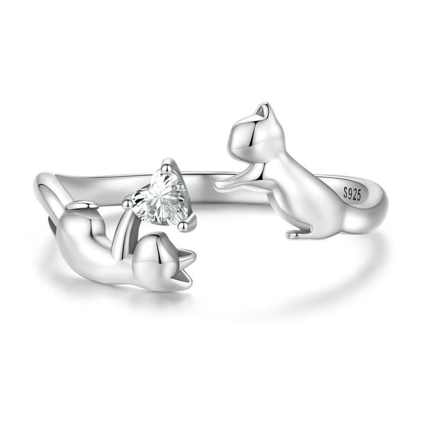 Cute Silver Double Cat Ring