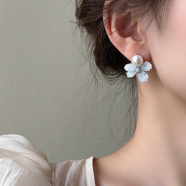 Blue Flower Pearl Stud Earrings