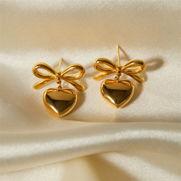 Gold Bow Heart Dangle Drop Earrings