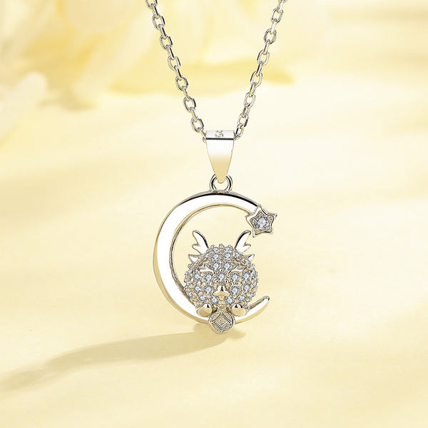 Silver Moon Dragon Necklace