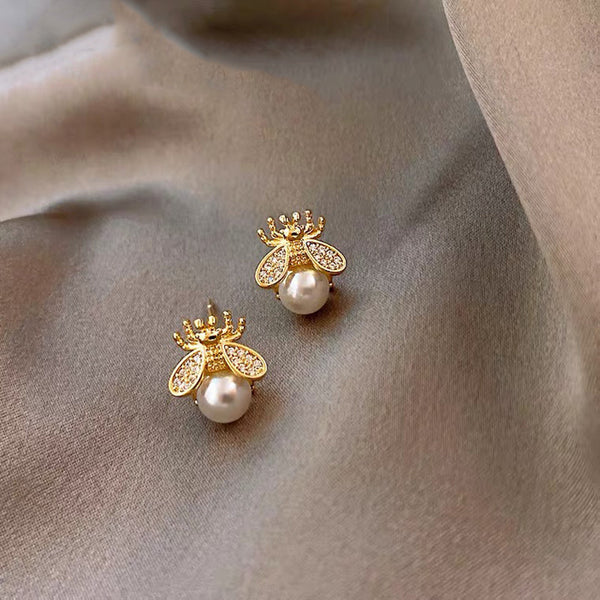 Gold Bee Pearl Stud Earrings