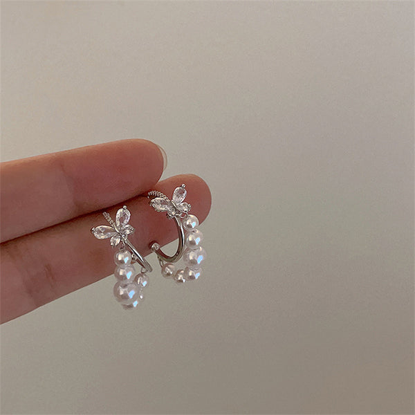 Silver Butterfly Pearl Hoop Earrings