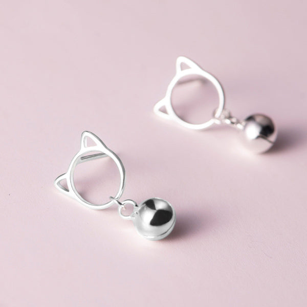 Silver Cat Bell Stud Earrings