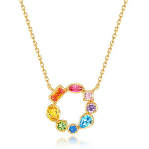 Rainbow Gemstone Circle Charm Necklace