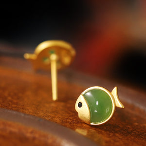 Small Green Red Jade Fish Stud Earrings