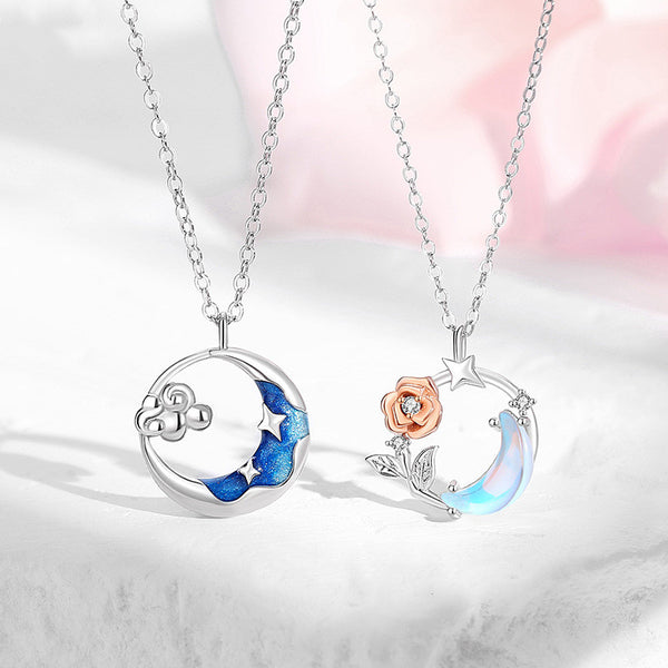 Moon Rose Flower Couple Necklace
