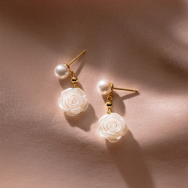 Camellia Flower Pearl Stud Earrings