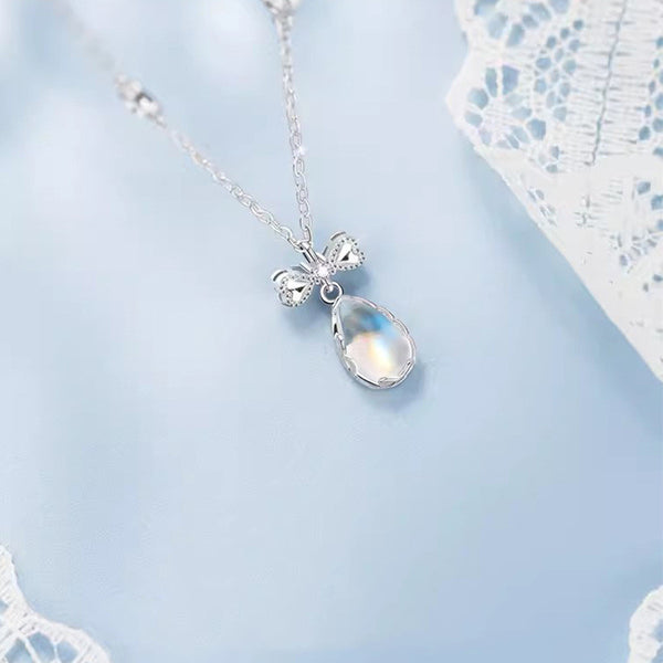 Bow Tie Bowknot Moonstone Charm Necklace
