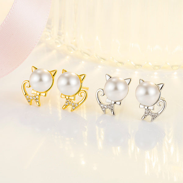 Cute Cat Pearl Stud Earrings