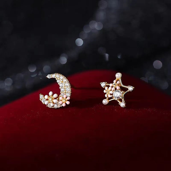 Gold Star Moon Flower Stud Earrings