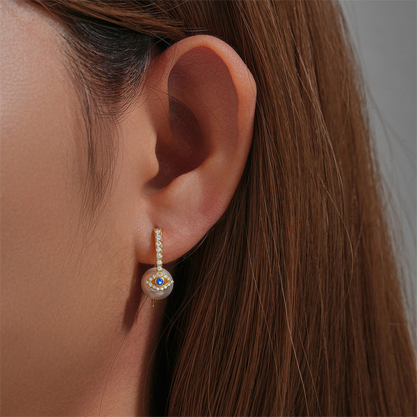 Evil Eye Pearl Hook Earrings