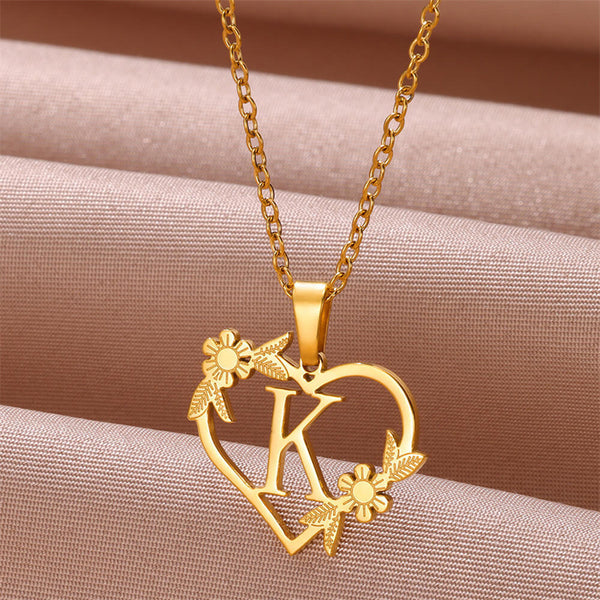 Initial Letter Heart Flower Necklace