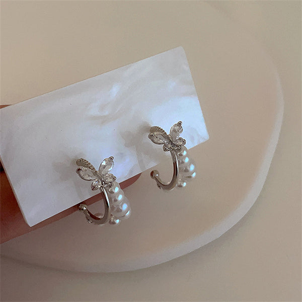 Silver Butterfly Pearl Hoop Earrings