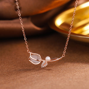 Opal Tulip Flower Pearl Charm Necklace