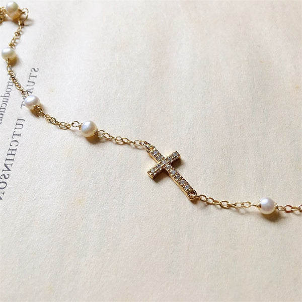 Gold Cross Pearl Bracelet