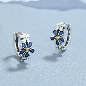 Blue White Flower Huggie Hoop Earrings