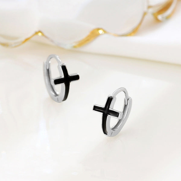 Silver Black Cross Hoop Earrings