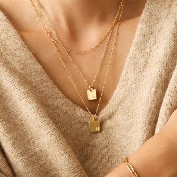 Gold Initial Letter Square Necklace