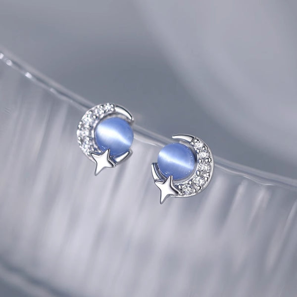 Blue Opal Moon Stud Earrings