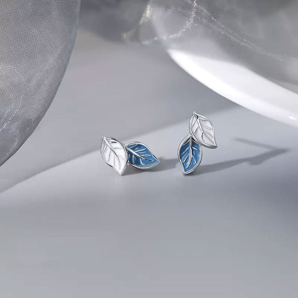 Blue Enamel Leaf Stud Earrings