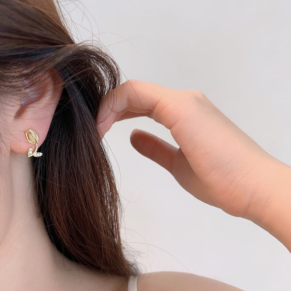 Gold Tulip Flower Stud Earrings