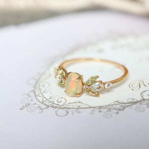 Gold Oval Opal Cabochon Leaf Stacking Ring