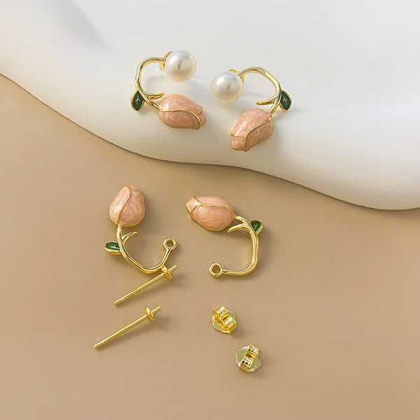 Tulip Flower Pearl Stud Earrings