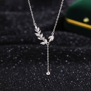 Dainty Olive Branch Tassel Drop Necklace