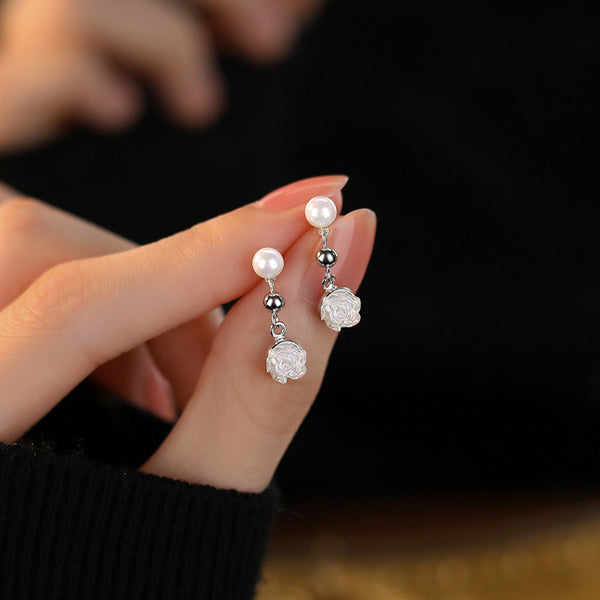 Pearl Rose Flower Drop Earrings