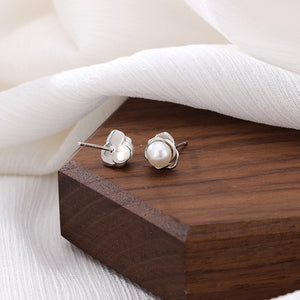 Tiny Pearl Rose Flower Wedding Stud Earrings