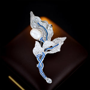 Delicate Silver Pearl Leaf Pin Brooch