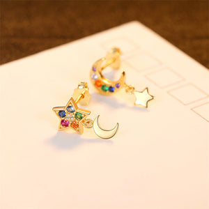 Rainbow Moon Star Drop Stud Earrings